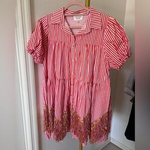 Fantastic Fawn Red & White Stripe Button Down Gold Fringe Mini Dress SM